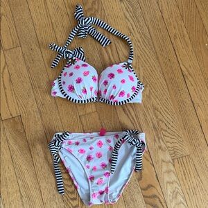 Victoria's Secret White Bikini with Pink Floral and Black-White Stripes